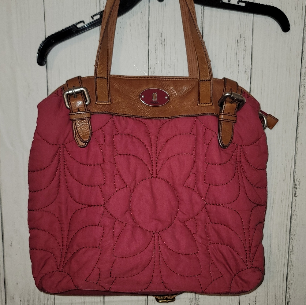 large Fossil Red Sunflower Quilted Shoulder Bag with Leather Trim12 inches tall